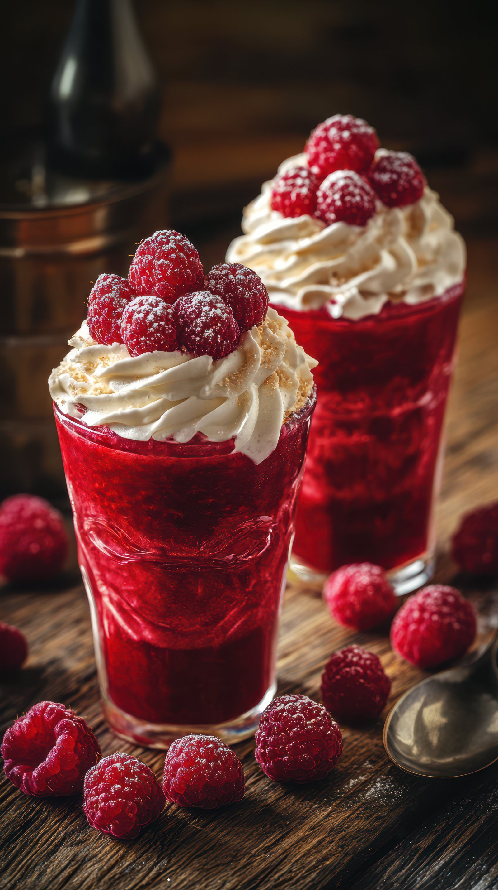 Decadent raspberry desserts topped with cream and berries on a rustic wooden table